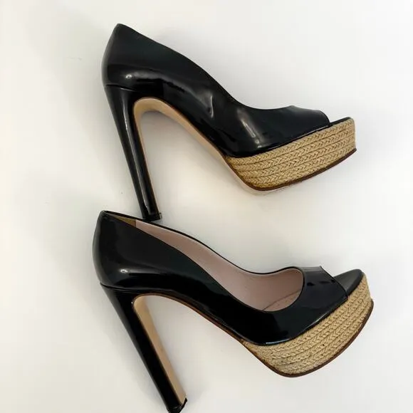 Miu Miu Patent Leather Pump Braided Jute Platform Sandals Shoes Black 36.5 US6.5
