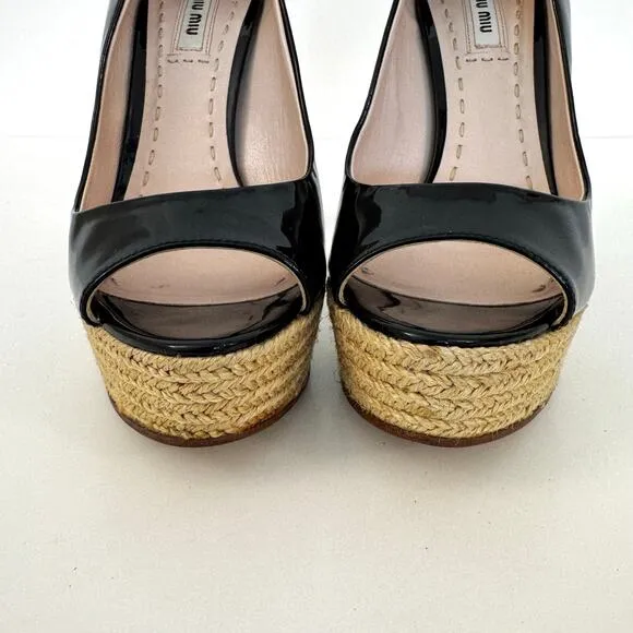 Miu Miu Patent Leather Pump Braided Jute Platform Sandals Shoes Black 36.5 US6.5