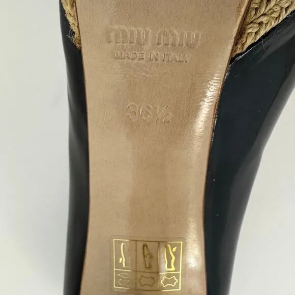 Miu Miu Patent Leather Pump Braided Jute Platform Sandals Shoes Black 36.5 US6.5