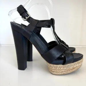 Miu Miu Platform Espadrille Sandals Navy Leather Strappy Heels Size 38 Italy