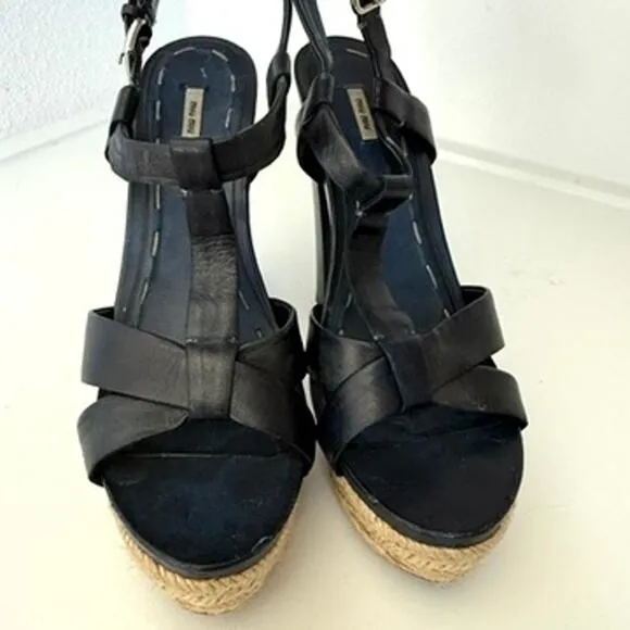 Miu Miu Platform Espadrille Sandals Navy Leather Strappy Heels Size 38 Italy