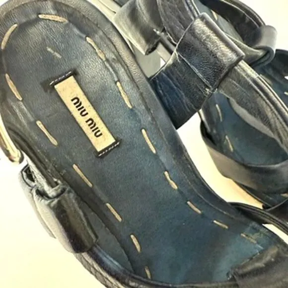 Miu Miu Platform Espadrille Sandals Navy Leather Strappy Heels Size 38 Italy