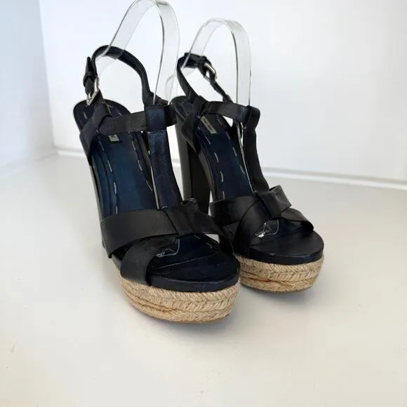 Miu Miu Platform Espadrille Sandals Navy Leather Strappy Heels Size 38 Italy