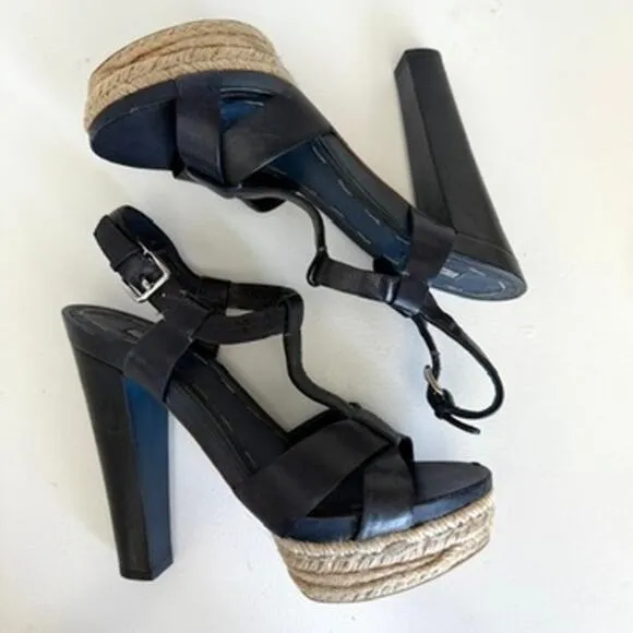 Miu Miu Platform Espadrille Sandals Navy Leather Strappy Heels Size 38 Italy