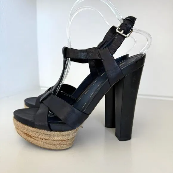 Miu Miu Platform Espadrille Sandals Navy Leather Strappy Heels Size 38 Italy