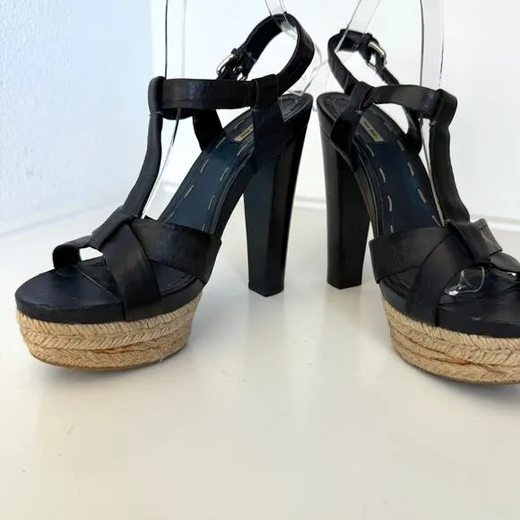 Miu Miu Platform Espadrille Sandals Navy Leather Strappy Heels Size 38 Italy