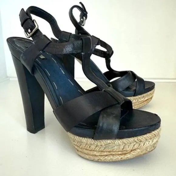 Miu Miu Platform Espadrille Sandals Navy Leather Strappy Heels Size 38 Italy