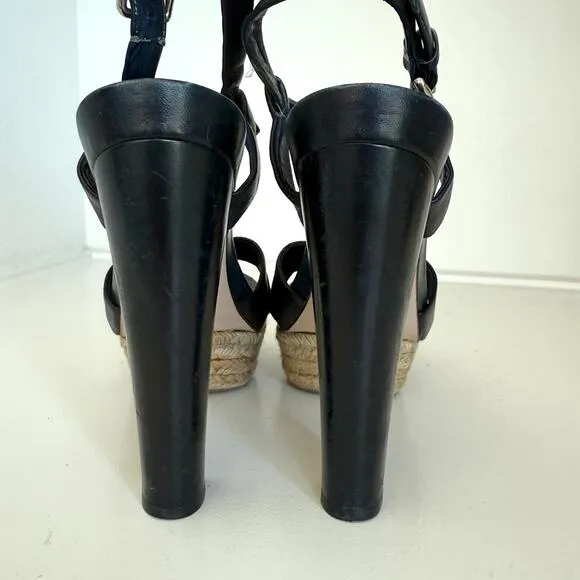Miu Miu Platform Espadrille Sandals Navy Leather Strappy Heels Size 38 Italy