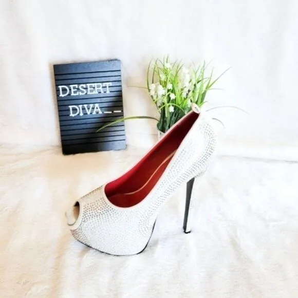 Mochi Womens Heels White 7.5 Crystal Embellished Sexy Platform Shoes