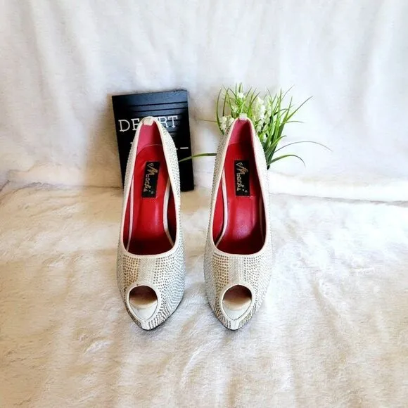 Mochi Womens Heels White 7.5 Crystal Embellished Sexy Platform Shoes