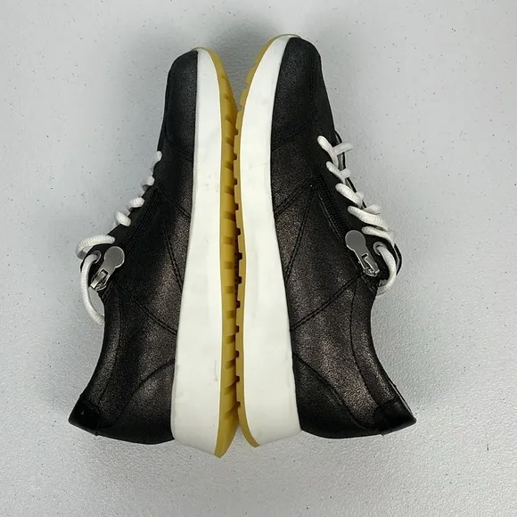 Munro Sutton Comfort Sneakers Metallic Black Leather Side Zip Lace Up Shoes 7N