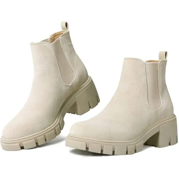 mysoft Women's Platform Chelsea Boots Lug Sole Slip On Chunky Block Heel
