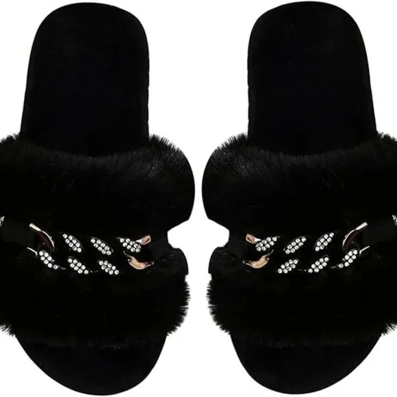 Neiman Marcus Faux Fur Women's Rhinestone Fuzzy Slippers