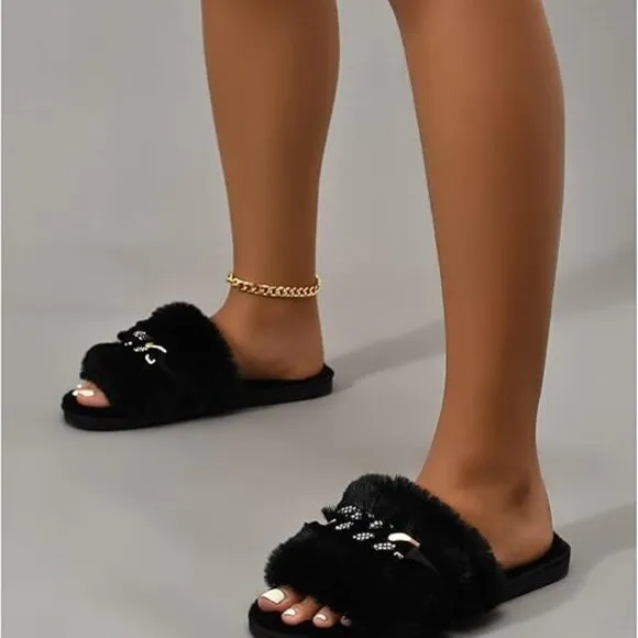 Neiman Marcus Faux Fur Women's Rhinestone Fuzzy Slippers