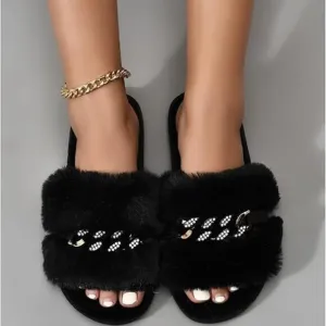 Neiman Marcus Faux Fur Women's Rhinestone Fuzzy Slippers