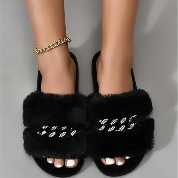Neiman Marcus Faux Fur Women's Rhinestone Fuzzy Slippers