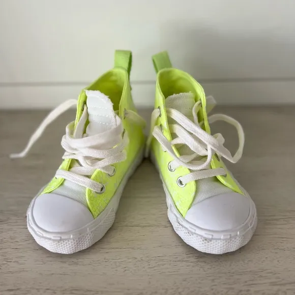 Neon green and white high top converse baby shoes size 5