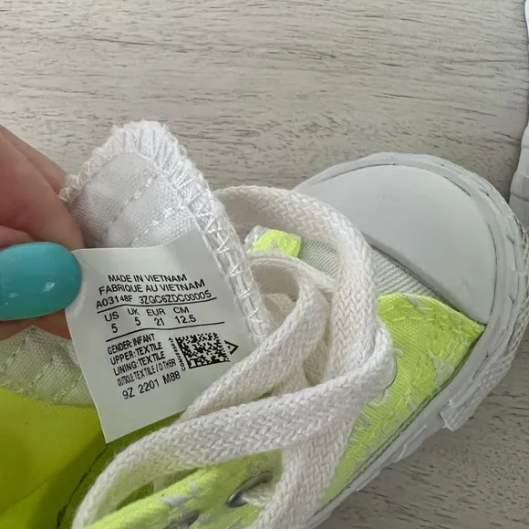 Neon green and white high top converse baby shoes size 5
