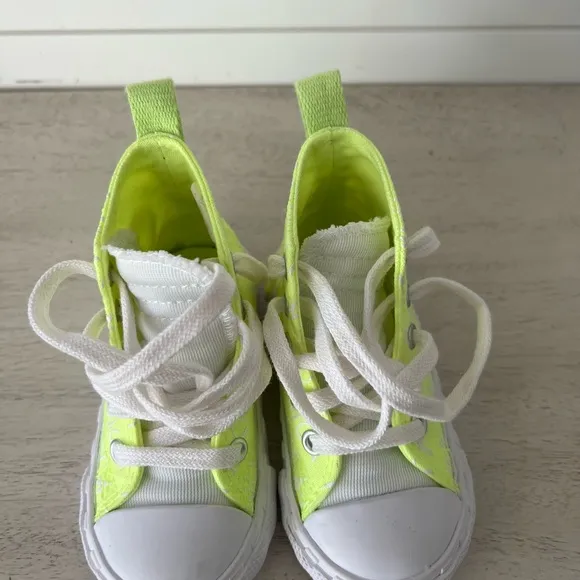 Neon green and white high top converse baby shoes size 5