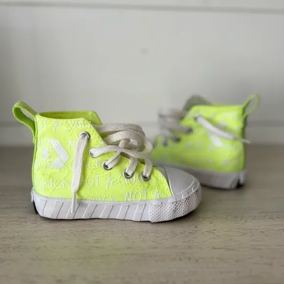 Neon green and white high top converse baby shoes size 5