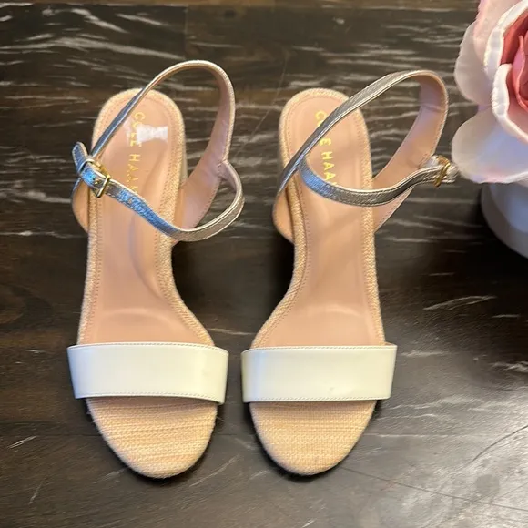 NEW $180 Cole Haan Josie White Gold woven sandals heels women size 6