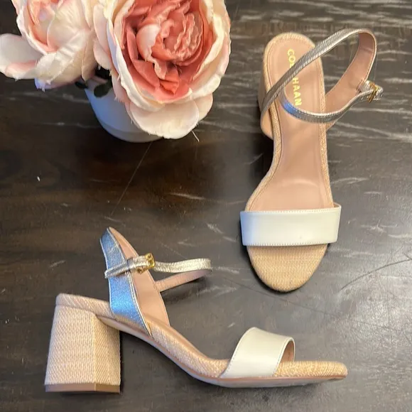 NEW $180 Cole Haan Josie White Gold woven sandals heels women size 6