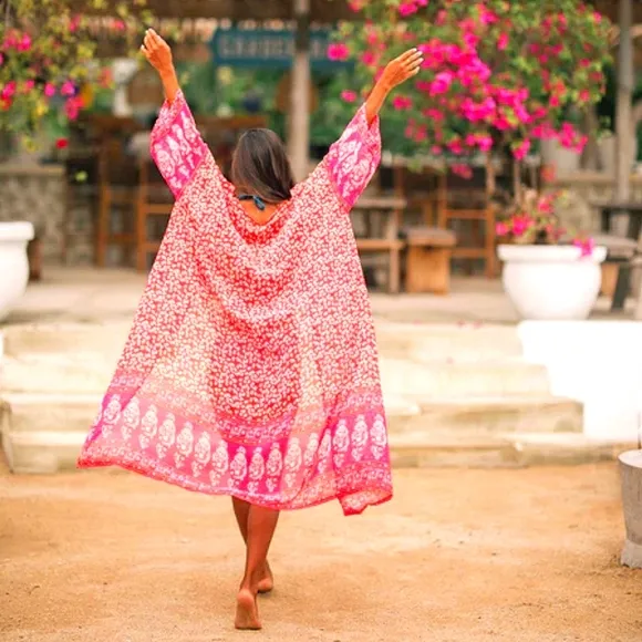 New Boho Sheer Floral Kimono Maxi Duster Jacket Cardigan Red Pink
