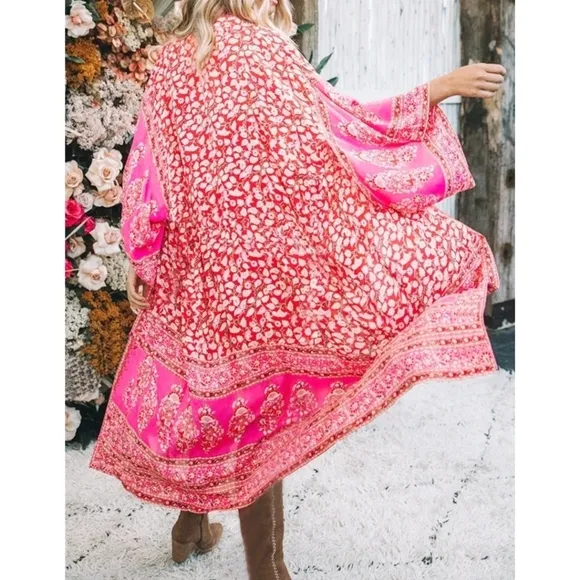 New Boho Sheer Floral Kimono Maxi Duster Jacket Cardigan Red Pink