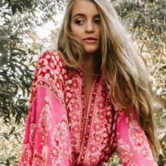 New Boho Sheer Floral Kimono Maxi Duster Jacket Cardigan Red Pink