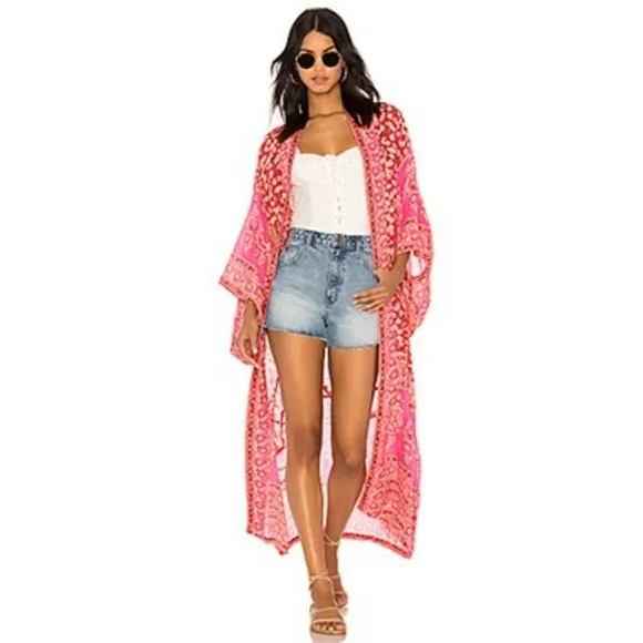New Boho Sheer Floral Kimono Maxi Duster Jacket Cardigan Red Pink