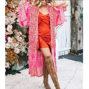 New Boho Sheer Floral Kimono Maxi Duster Jacket Cardigan Red Pink