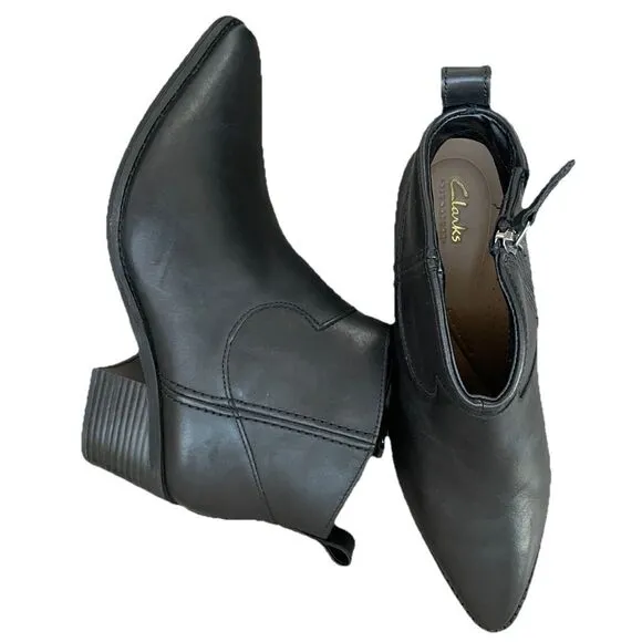 New Clarks Women's Morzine Sky Black Leather Ankle Boots Size 10