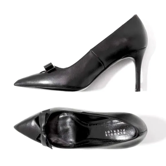 NEW Claudie Pierlot Paris Bow Black Leather Court Pointed Toe Stiletto Heels 36