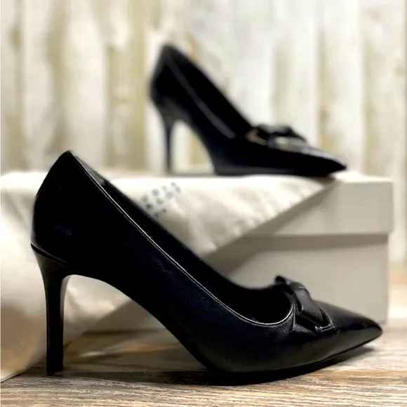 NEW Claudie Pierlot Paris Bow Black Leather Court Pointed Toe Stiletto Heels 36