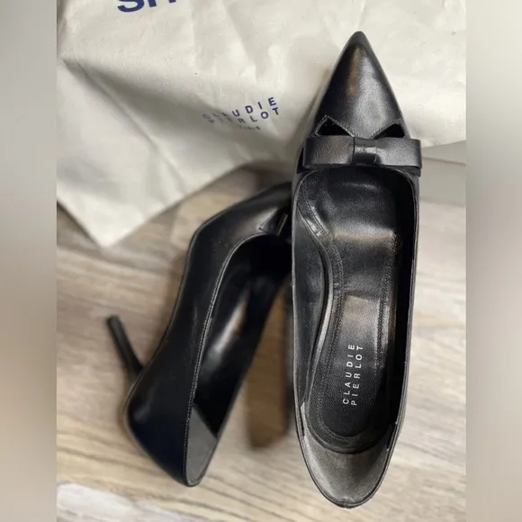 NEW Claudie Pierlot Paris Bow Black Leather Court Pointed Toe Stiletto Heels 36
