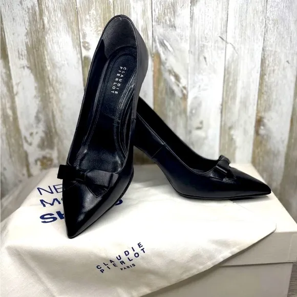 NEW Claudie Pierlot Paris Bow Black Leather Court Pointed Toe Stiletto Heels 36