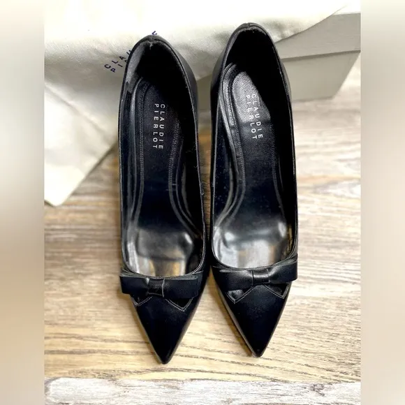 NEW Claudie Pierlot Paris Bow Black Leather Court Pointed Toe Stiletto Heels 36