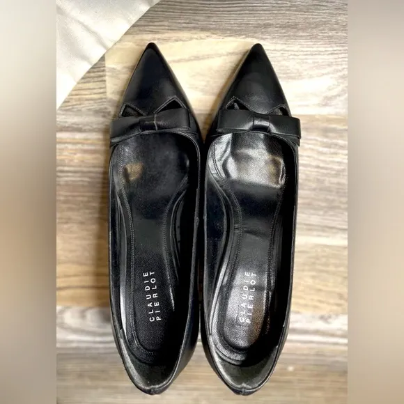 NEW Claudie Pierlot Paris Bow Black Leather Court Pointed Toe Stiletto Heels 36