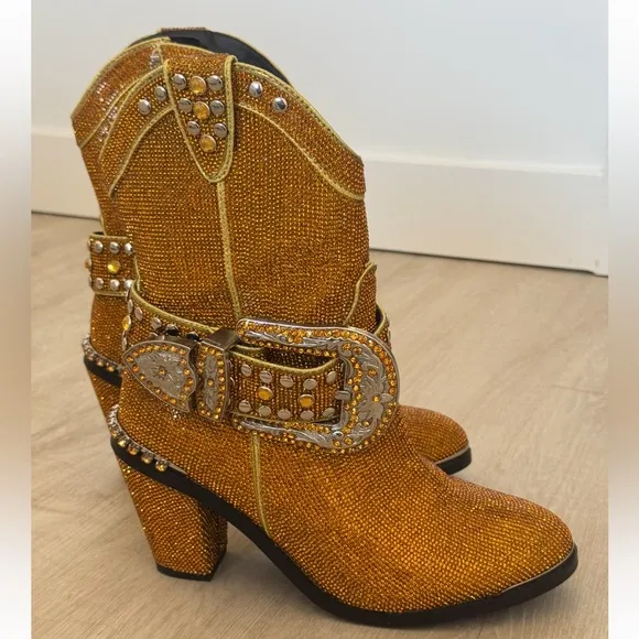 NEW ClubXX Dolls Kill Golden Sheriff Shine Cowboy Boots Gold Size 8