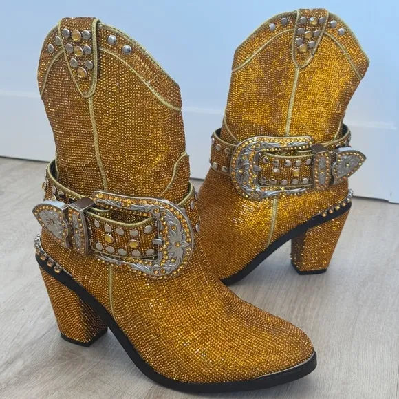 NEW ClubXX Dolls Kill Golden Sheriff Shine Cowboy Boots Gold Size 8
