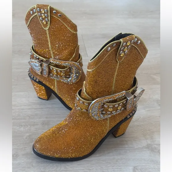 NEW ClubXX Dolls Kill Golden Sheriff Shine Cowboy Boots Gold Size 8