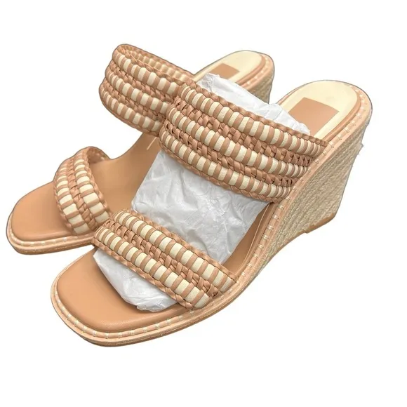New Dolce Vita Tan &amp; White Woven Wedge Square Toe Sandals 7.5