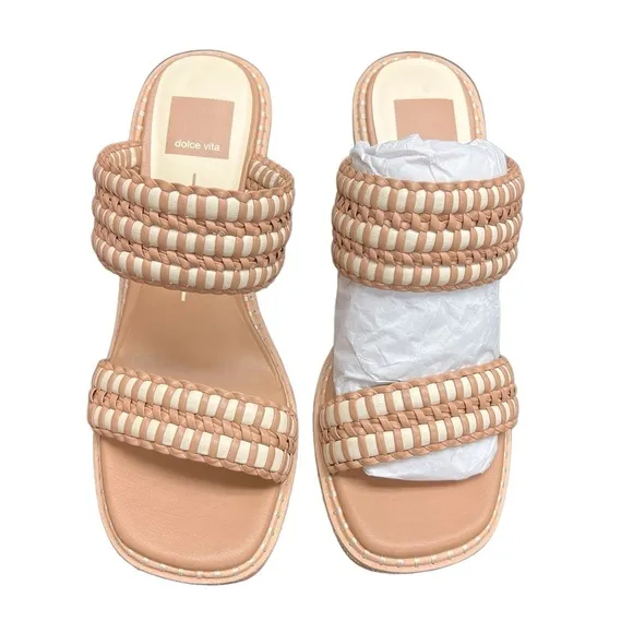 New Dolce Vita Tan &amp; White Woven Wedge Square Toe Sandals 7.5
