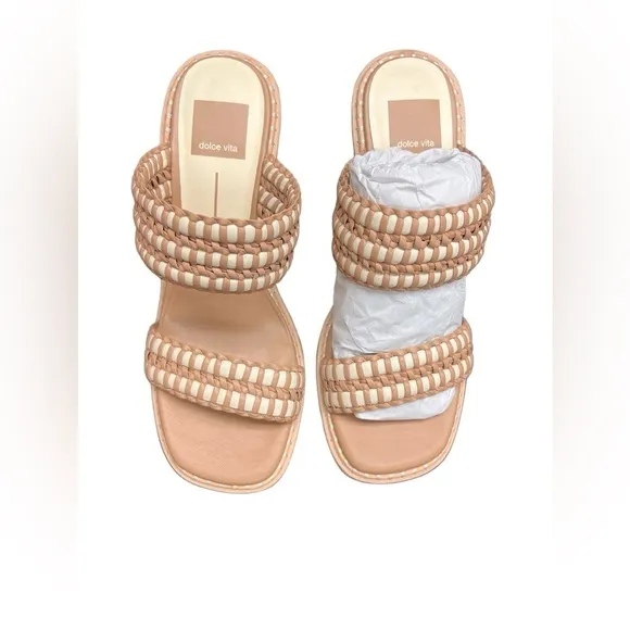 New Dolce Vita Tan &amp; White Woven Wedge Square Toe Sandals 7.5