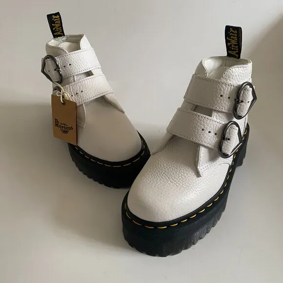NEW Dr. Martens Women's White Devon Heart Leather Platform Quad Boots Size 6