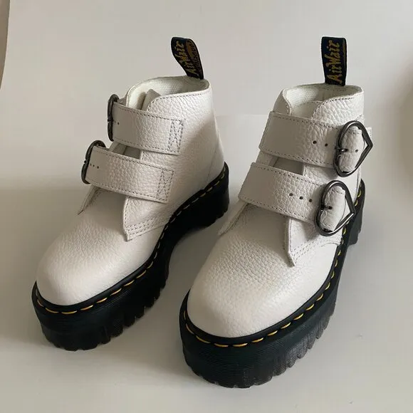 NEW Dr. Martens Women's White Devon Heart Leather Platform Quad Boots Size 6