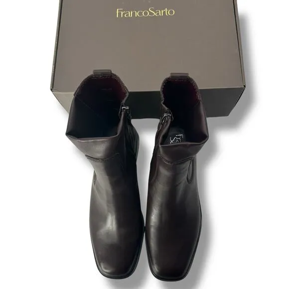 NEW Franco Sarto Brown Leather Boots Size 6.5 Square Toe Booties Sleek Western