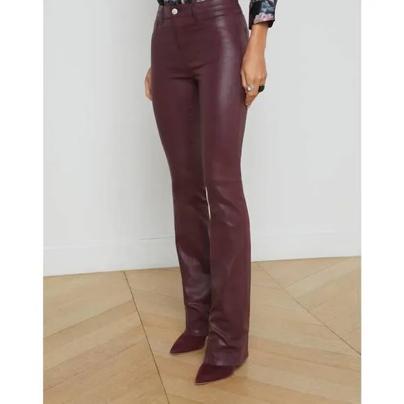 NEW L'AGENCE selma coated bootcut jeans in dark wine coated