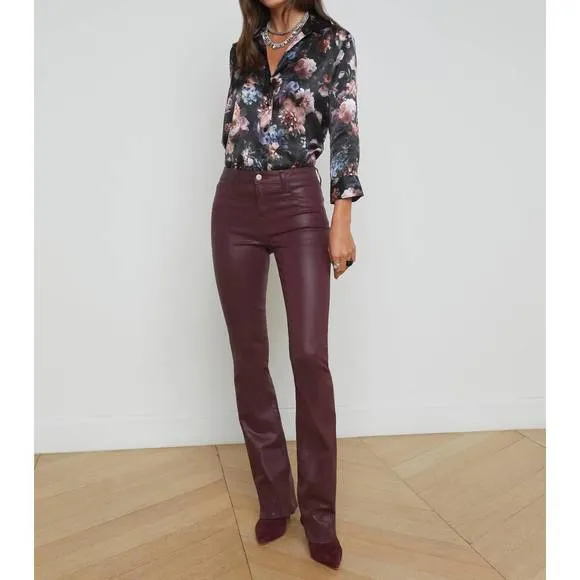 NEW L'AGENCE selma coated bootcut jeans in dark wine coated