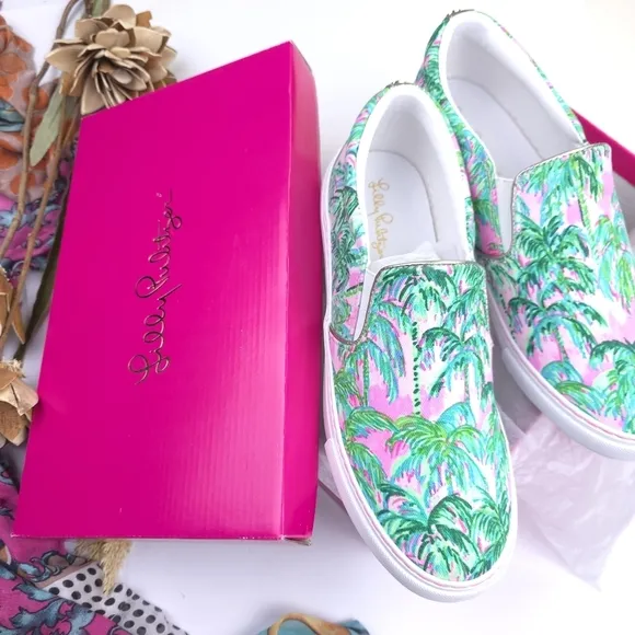 New Lilly Pulitzer Women's Palm Print Slip-On Shoes - Green and Pink Sz …